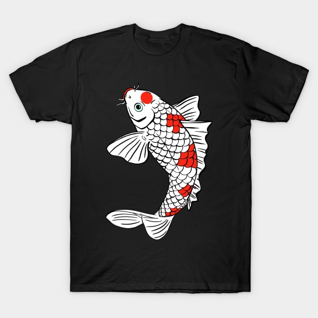 Jumping Koi Carp Fish with Red White Scales and Green Eyes T-Shirt by Koiartsandus